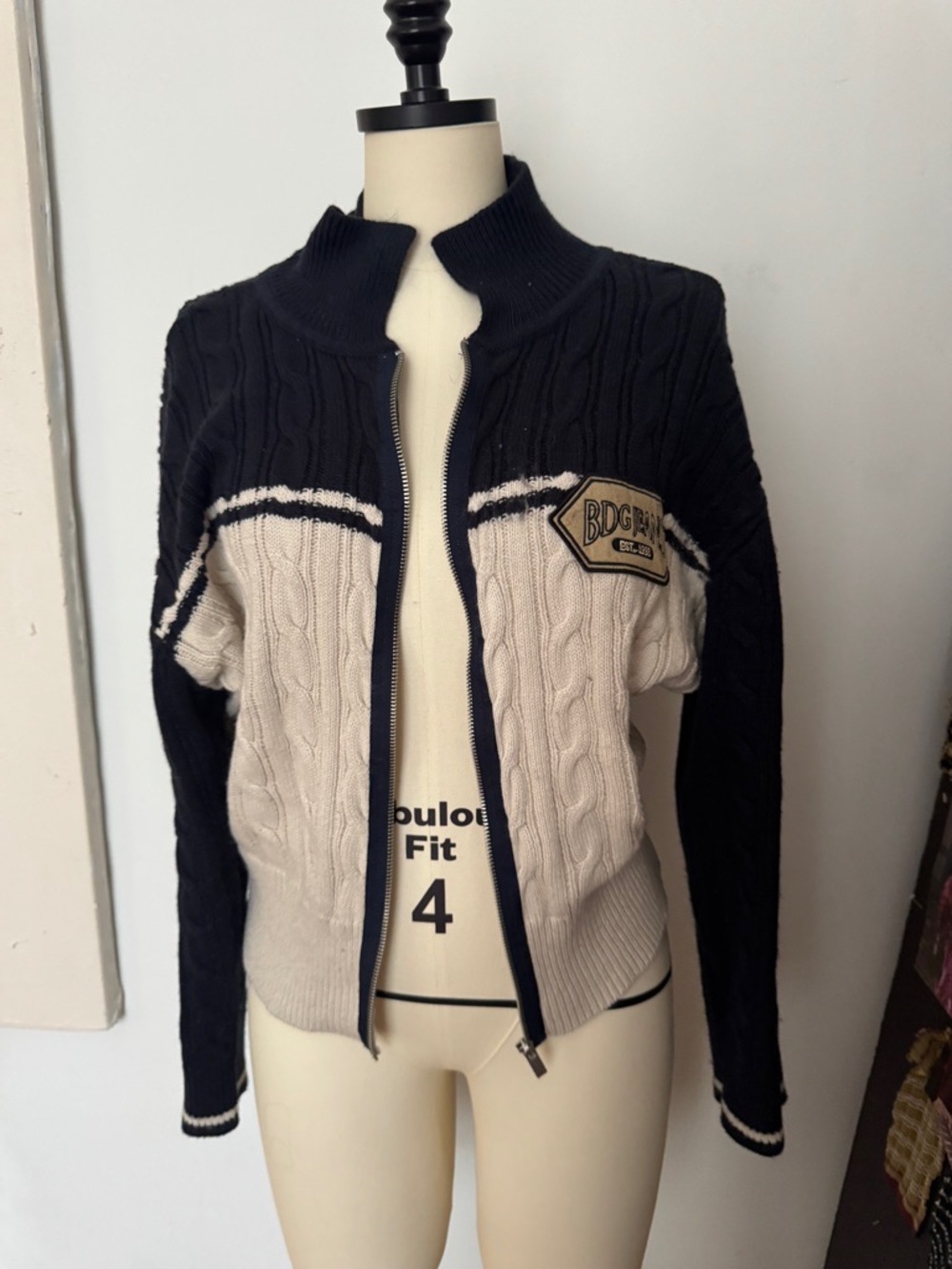 Urban Outfitters Navy & Cream Two-Tone Cable Zip Jacket